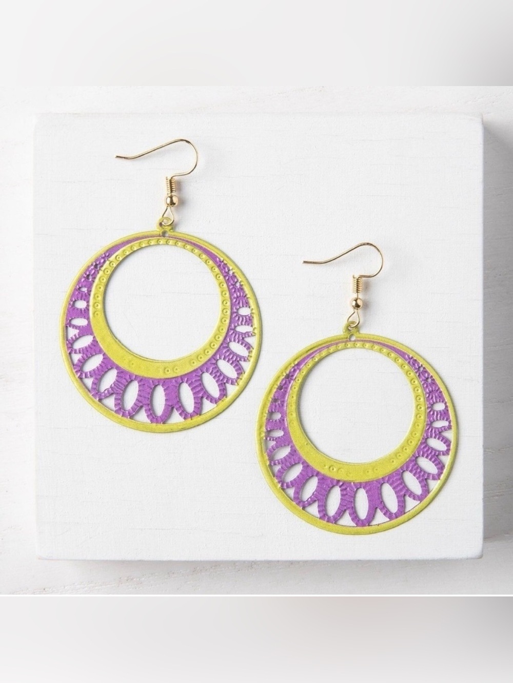Plunder Design Sally Yellow and Purple Filigree Hoop Earrings 3” Dangle